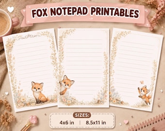 Pacote de Blocos de Notas Raposa Vermelha para Imprimir, Papelaria Imprimível com Raposa Divertida, Blocos de Notas com Ilustrações Botânicas em Aquarela