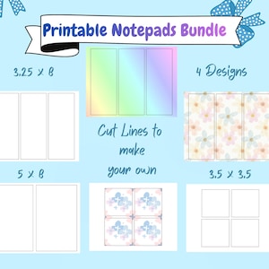 Pode incluir: Um pacote de blocos de notas imprimíveis com quatro designs e linhas de corte para criar os seus próprios. A imagem mostra vários layouts com retângulos em branco e padrões florais, incluindo as dimensões 3,25 x 8, 5 x 8 e 3,5 x 3,5.