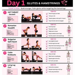 Può includere: Una guida all'allenamento intitolata Day 1 Glutes & Hamstrings che presenta cinque esercizi: Hip Thrust, Romanian Deadlift, Bulgarian Split Squat, Cable Kickbacks e Lying Leg Curl. Ogni sezione include serie, ripetizioni, obiettivi e consigli.