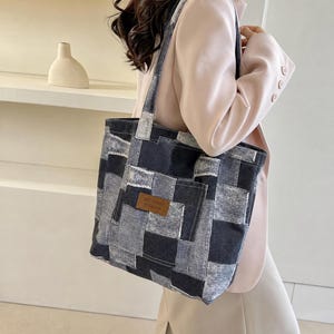 Patchwork Denim Large Shoulder Tote Bag Leather Label
