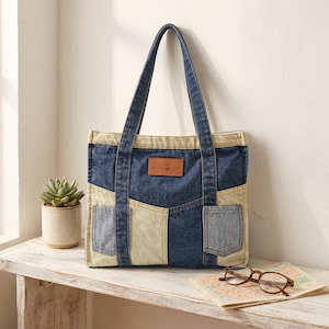 Op de afbeelding: Een denim tote bag met een patchwork ontwerp in tinten blauw en beige. De tas heeft twee buitenzakken en lange hengsels. Een klein bruin leren label leest "Black Cat".