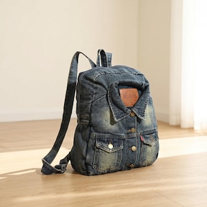 Op de afbeelding: Een blauwe denim rugzak met een jas-achtig ontwerp. De rugzak heeft een kraag, knoopsluitingen en twee voorzakken. Een bruin leren label met de tekst "DESIREERS" is op de voorkant genaaid. De rugzak heeft verstelbare schouderbanden.