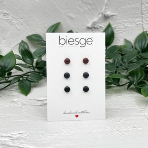 Set of 3 Pairs of Minimalist Round Stud Earrings, Matte Brown, Anthracite Gray, Black Flat Post Earrings, Mens Studs Set, Titanium Earrings