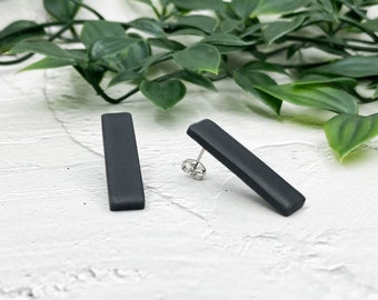 Black Rectangle Stud Earrings, Matte Black Long Post Earrings, Bar Earrings Studs, Geometric Jewelry, Earrings for Women, Gift for Girls