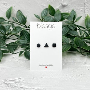 SINGLE 3 Studs Set Black, Round Triangle Square Small Stud Earrings 6mm, Multi Geometric Stud Pack, Hypoallergenic Titanium Earrings, Gifts