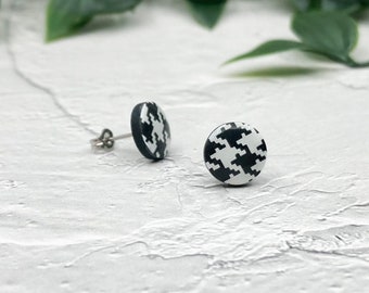 Houndstooth Stud Earrings, Black White Round Ear Studs, Minimalist Jewelry, Houndstooth Earrings Stud, Statement Earrings, Gift for Her