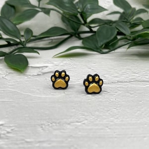 Paw Print Stud Earrings, Dog Paw Earrings, Cat Paw Earrings, Black Gold Dainty Pet Paw Earrings, Dog Lover Gift, Pet lover, Titanium Earring