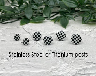 Checkerboard Stud Earrings, Checker Jewelry, Black White Studs, Circle Bold Post Earrings, Titanium Stainless Steel Studs, 7mm, 10mm, 12mm