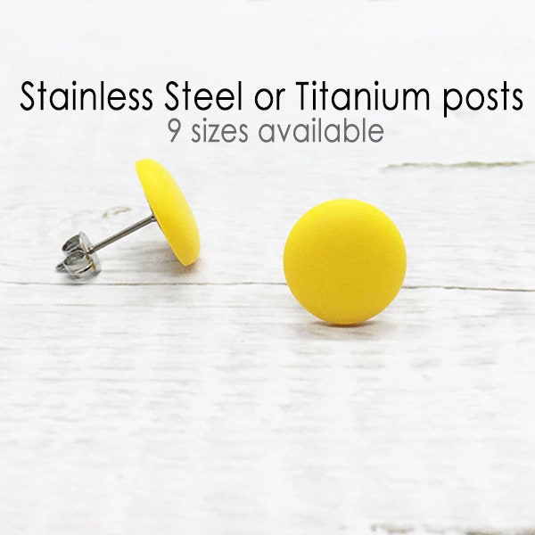 Yellow Stud Earrings, Matte Round Earrings, Yellow Studs, Yellow Earrings Simple, Cute Ear Studs, Mens Studs, Gift for Her, Titanium Earring