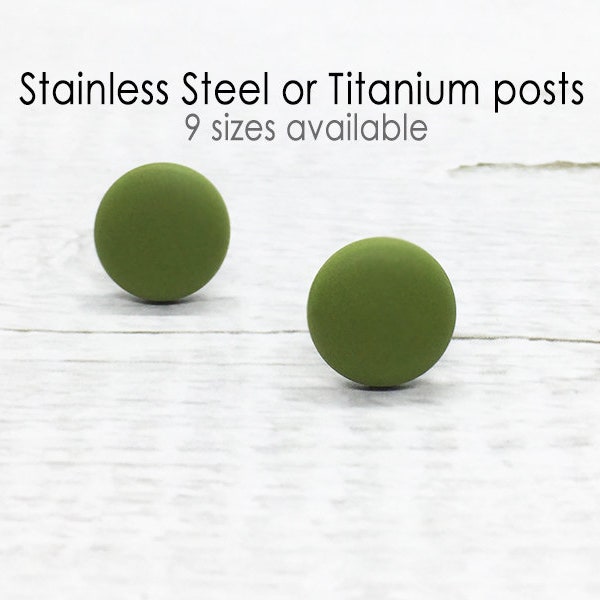 Olive Green Stud Earrings, Titanium Earrings, Matte Circle Earrings, Everyday Studs Simple, Mens Stud Earrings, Minimalist Jewelry, Gift Her