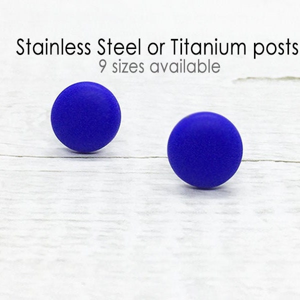 Cobalt Blue Stud Earrings, Matte Blue Earrings, Round Small Studs , Minimalist Jewelry, Mens Stud Earring, Birthday Gift Her, Hypoallergenic