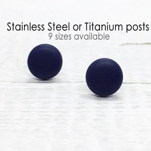 Navy Blue Stud Earrings, Dark Blue Round Earrings, Matte Flat Earrings, Mens Stud Earrings, Tiny Small Large Earring, Modern Minimalist Gift image 1