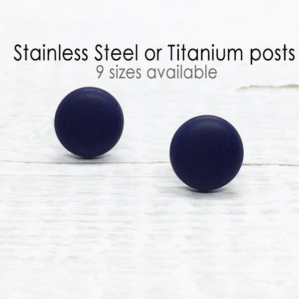 Navy Blue Stud Earrings, Dark Blue Round Earrings, Matte Flat Earrings, Mens Stud Earrings, Tiny Small Large Earring, Modern Minimalist Gift