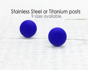 Cobalt Blue Stud Earrings, Matte Blue Earrings, Round Small Studs , Minimalist Jewelry, Mens Stud Earring, Birthday Gift Her, Hypoallergenic