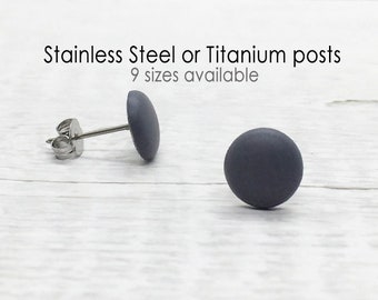 Asphalt Gray Stud Earrings, Round Flat Stud, Matte Dark Grey Small Posts, Mini Ear Studs, Mens Post Earrings, Hypoallergenic, Titanium Studs