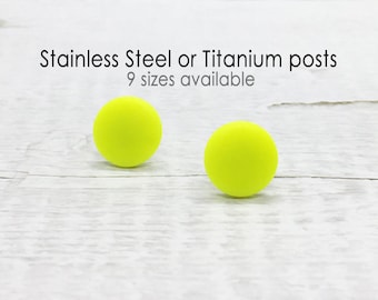 Neon Yellow Stud Earrings, Round Matte Ear Studs, Tiny Large Earrings, Fun Earrings for Girls, Neon Jewelry, Surgical Steel Titanium Earring