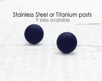 Navy Blue Stud Earrings, Dark Blue Round Earrings, Matte Flat Earrings, Mens Stud Earrings, Tiny Small Large Earring, Modern Minimalist Gift