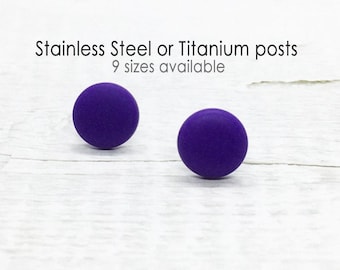 Purple Stud Earrings, Violet Matte Round Studs, Minimalist Jewelry, Cute Dainty Earrings, Mens Studs, Tiny Small Big Earring, Gift for Women