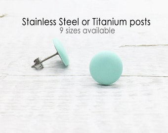 Mint Green Stud Earrings, Pale Green Round Earring, Simple Minimal Flat Earring, Mens Studs, Gift Her, Tiny Small Big Earring, Titanium Post