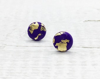 Purple Gold Stud Earrings, Gifts for Her, Sparkly Resin Earrings, Bridesmaid Bride Earrings Plum, Chic Stud Earrings, Gold Foil Stud Purple