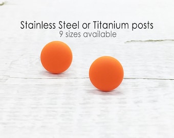 Orange Stud Earrings, Matte Round Studs, Tiny Small Big Earrings, Mens Stud Earrings, Gift For Her, Modern Minimalist Gift, Hypoallergenic