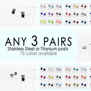 3 paires, Puces d'oreilles point mat 4 mm, Lot de petites boucles d'oreilles multicolores, Puces d'oreilles simples, Puces d'oreilles pour homme, Titane, Acier inoxydable