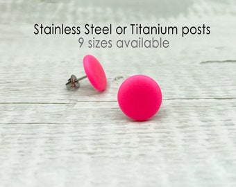 Neon Pink Stud Earrings, Everyday Minimalist Earrings, Fluorescent Pink Flat Post Earring, Tiny Small Large Stud, Circle Triangle Oval Heart