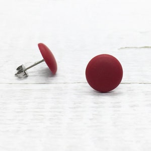 Red Stud Earrings, Matte Dark Red Earrings, Minimalist Jewelry, Round Stud Earrings, Mens Ear Studs, Tiny Small Big Earrings, Hypoallergenic image 2