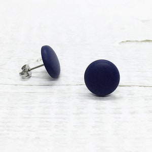 Navy Blue Stud Earrings, Dark Blue Round Earrings, Matte Flat Earrings, Mens Stud Earrings, Tiny Small Large Earring, Modern Minimalist Gift image 2