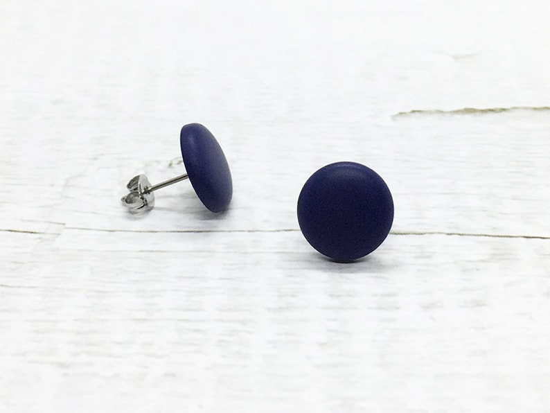 Navy Blue Stud Earrings, Dark Blue Round Earrings, Matte Flat Earrings, Mens Stud Earrings, Tiny Small Large Earring, Modern Minimalist Gift image 2