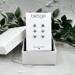 Silver Color Stud Earrings Set, Hexagon Round Triangle Grey Small Earrings, Earrings for Men, Gifts for Women, Tiny Geometric Stud Set of 3