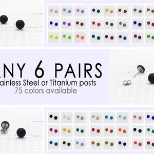 Any 6 Pairs, 7mm Matte Stud Earrings, Multicolored Earring Stud Set, Mens Stud Earrings, Round Flat Earrings, Set of 6, Titanium Earring image 1