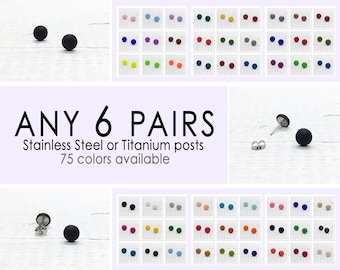 Any 6 Pairs, 7mm Matte Stud Earrings, Multicolored Earring Stud Set, Mens Stud Earrings, Round Flat Earrings, Set of 6, Titanium Earring