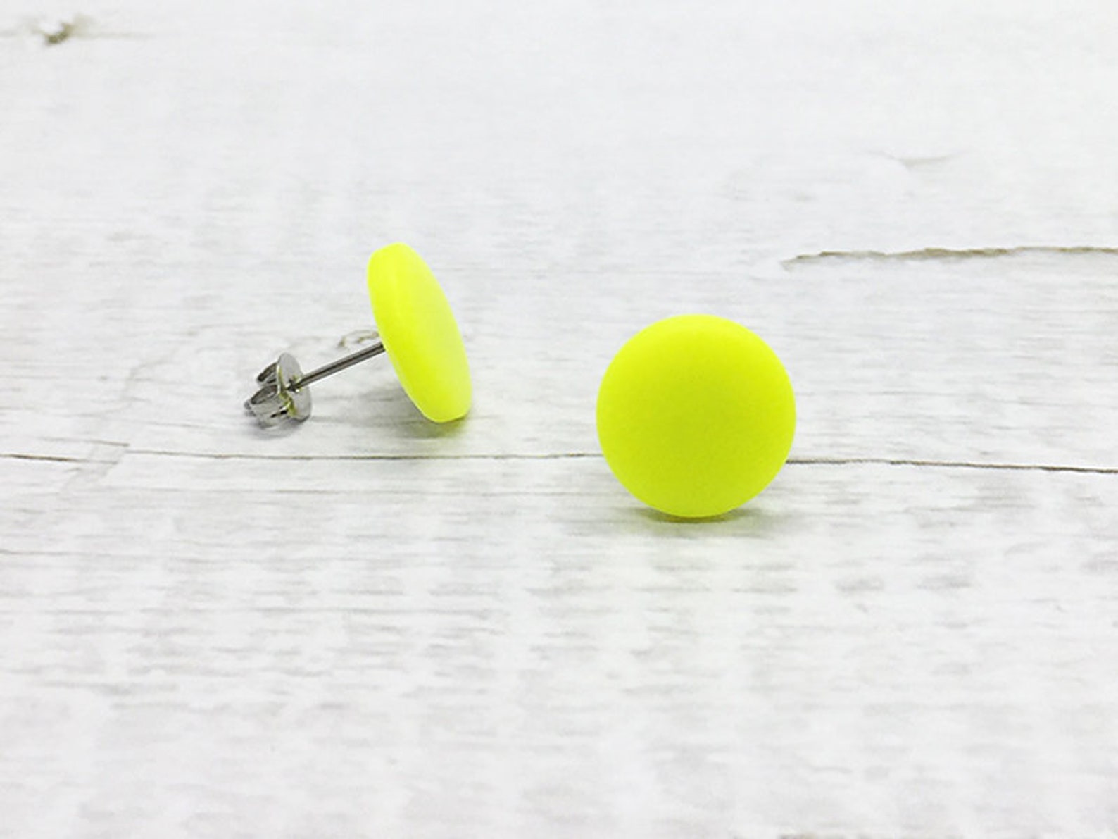 Neon Yellow Stud Earrings Round Matte Ear Studs Tiny Large Etsy