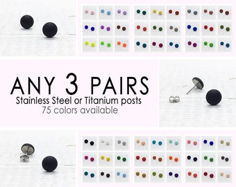 Pendientes multicolores Stud Set de 3, Pendientes Redondos Mate 9mm, Conjunto De Pendientes Coloridos, Pendiente Pequeño Para Hombres, Pendiente Dainty Post, Titanio