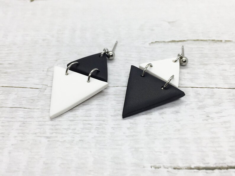 Black White Geometric Jewelry Triangle Dangle Earrings Gift for Girlfriend Minimalist Stud BFF Gift Double Triangle Statement Earrings