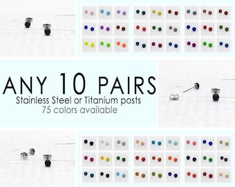 Any 10 Pairs, Choose Your Colors, 4mm Tiny Stud Earrings Set, Multicoloured Studs, Mini Dot Ear Studs, Gift Set Matte Studs, Titanium Posts