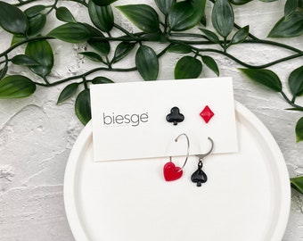 Card Suits Earrings Gift Set, Poker Earrings, Black Club Stud, Spade Heart Hoop Earring, Red Diamond Stud, Matte or Glossy Multiple Earring