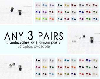 Any 3 Pairs, 4mm Matte Dot Stud Earrings, Set of Multiple Coloured Tiny Stud Earring, Simple Ear Stud, Mens Studs, Titanium, Stainless Steel