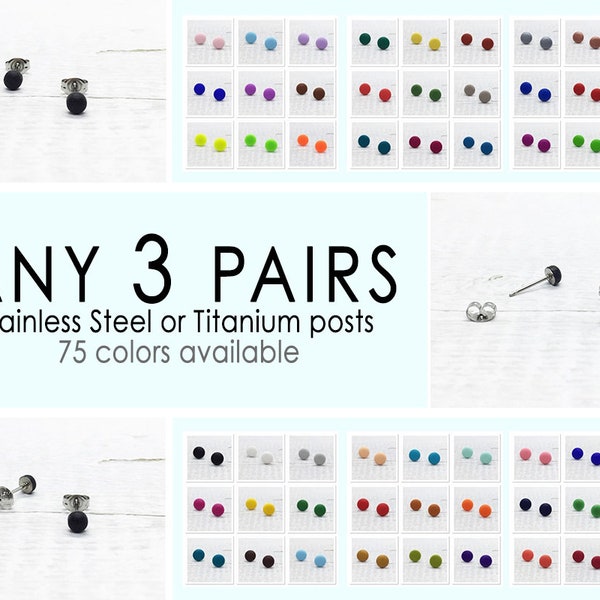 Any 3 Pairs, 4mm Matte Dot Stud Earrings, Set of Multiple Coloured Tiny Stud Earring, Simple Ear Stud, Mens Studs, Titanium, Stainless Steel