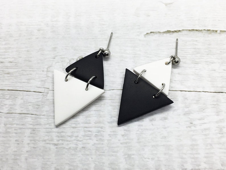 Black White Geometric Jewelry Triangle Dangle Earrings Gift for Girlfriend Minimalist Stud BFF Gift Double Triangle Statement Earrings
