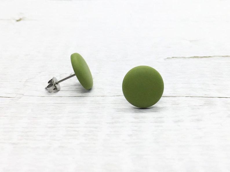 Olive Green Stud Earrings, Titanium Earrings, Matte Circle Earrings, Everyday Studs Simple, Mens Stud Earrings, Minimalist Jewelry, Gift Her image 2