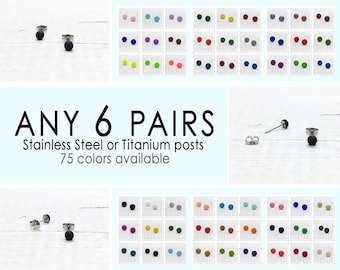 Any 6 Pairs, 4mm Matte Dot Stud Earrings, Tiny Simple Ear Studs, Mens Stud Earrings, Gift for Girl, 75 Colors Available, Earrings Set of 6