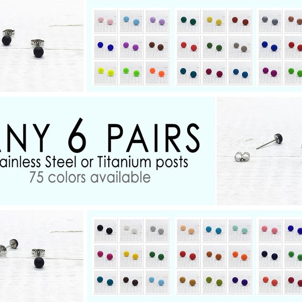 Any 6 Pairs, 4mm Matte Dot Stud Earrings, Tiny Simple Ear Studs, Mens Stud Earrings, Gift for Girl, 75 Colors Available, Earrings Set of 6