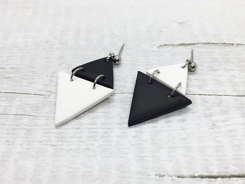 Black White Geometric Jewelry Triangle Dangle Earrings Gift for Girlfriend Minimalist Stud BFF Gift Double Triangle Statement Earrings