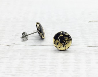 Black Gold Stud Earrings, Sparkly Resin Earrings, Modern Earrings Black, Gift for Women, Beautiful Elegant Earrings, Gold Foil Studs Black