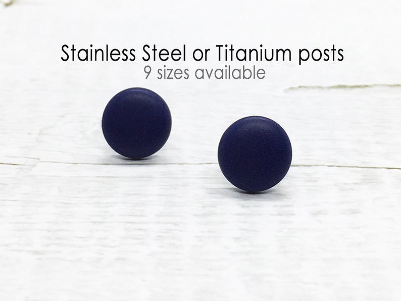 Navy Blue Stud Earrings, Dark Blue Round Earrings, Matte Flat Earrings, Mens Stud Earrings, Tiny Small Large Earring, Modern Minimalist Gift image 1