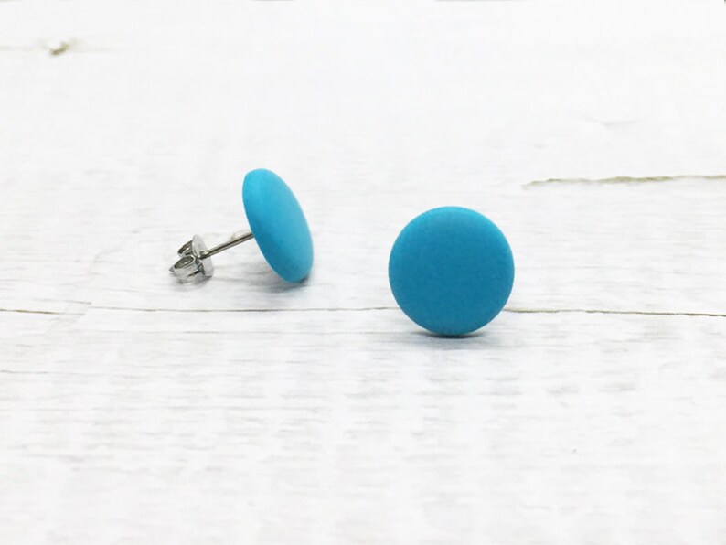 Turquoise Stud Earrings, Matte Turquoise Circle Earring, Tiny Small Big Round Earring, Flat Simple Studs, Gift for Women Men, Hypoallergenic image 2