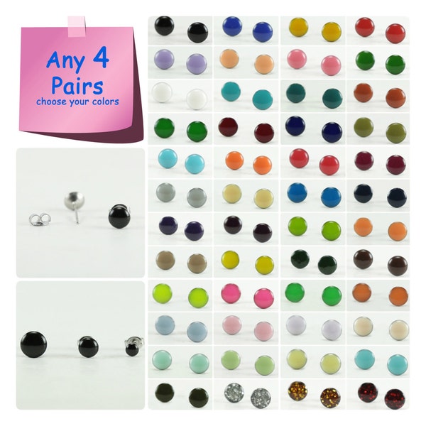 Any 4 Pairs - Stud Earrings Set - Choose Your Colors and Sizes - Tiny Small Stud Earrings - Surgical Stainless Steel Post - 4mm / 6mm / 8mm