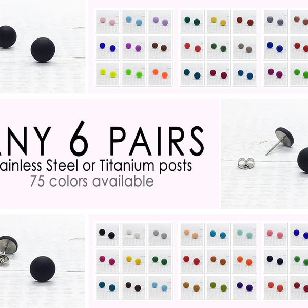 Any 6 Pairs, Choose Your Colors, Small Stud Earrings Gift Set, Multicolored Matte Studs, Flat Circle Earring 9mm, Titanium Post, Unisex Gift